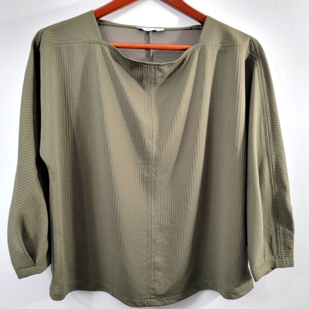 Zara Olive Green Ribbed Long Sleeve Blouse